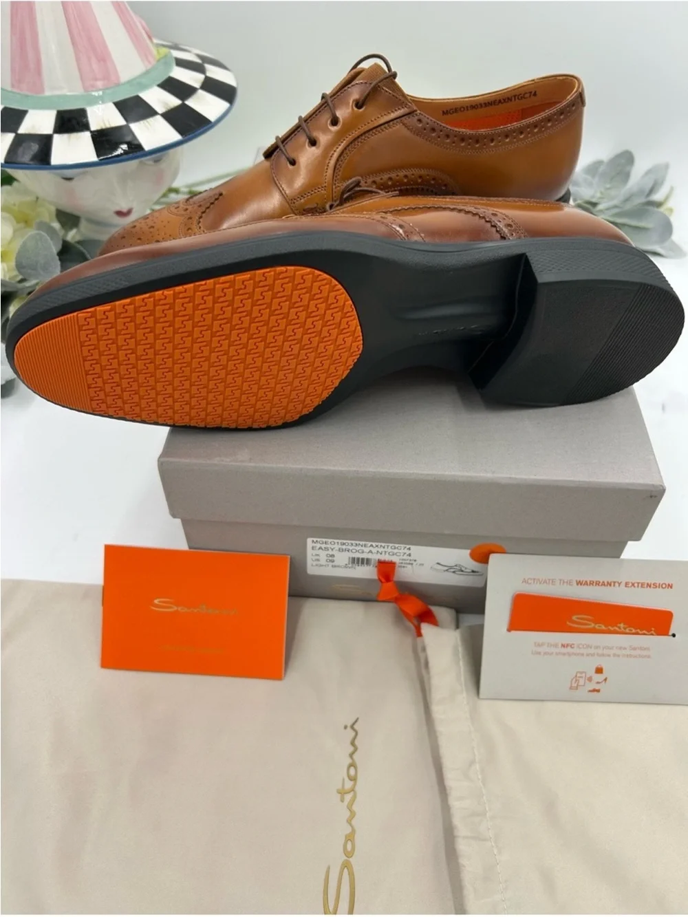 Men’s Santoni easy wing tip brown burnished leather Oxford size 9 US made Italy